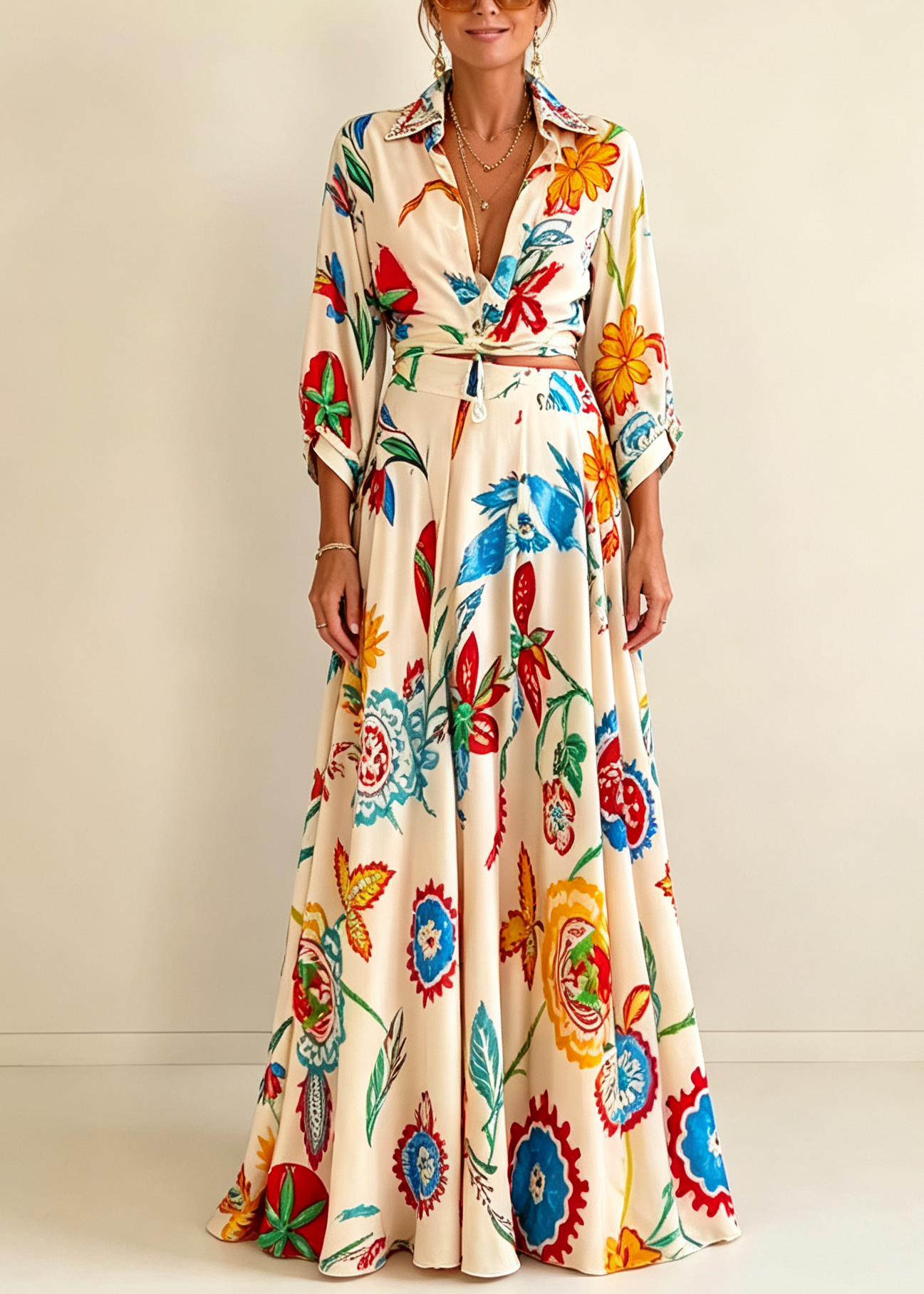 Set Due Pezzi Boho con Camicia e Gonna Maxi a Stampa Floreale Tropicale