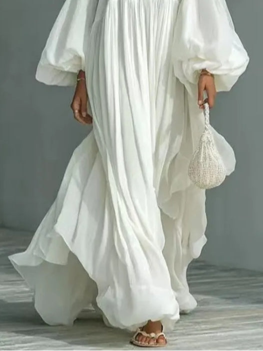 Abito Maxi Loose con Maniche a Puff e Collo Quadrato