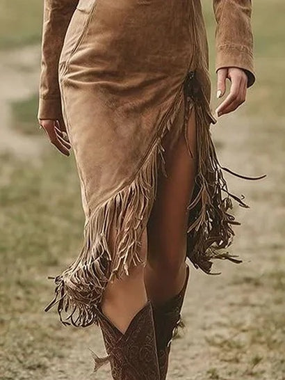 Abito Midi Irregolare in Suede con Maniche Lunghe e Orlo a Frange