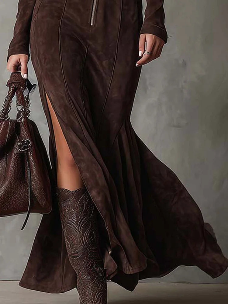 Abito Maxi Vintage Marrone con Cerniera e Cintura (Include cintura)