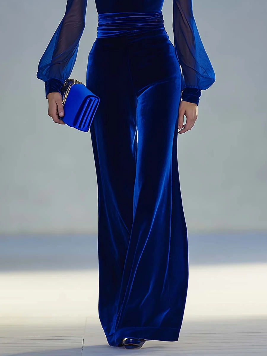 Jumpsuit elegante rétro con scollo a V in rete a maniche lunghe in velluto reale