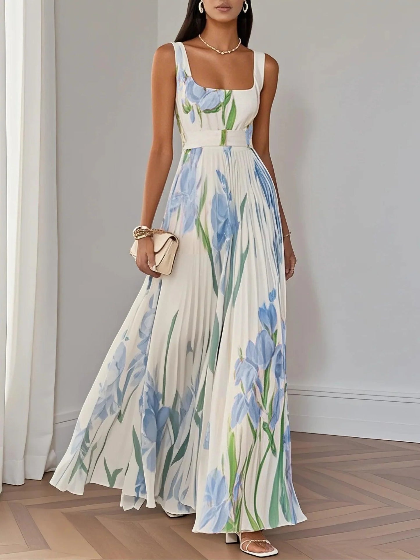 Abito Maxi A-Line Senza Maniche in Chiffon Foderato Bianco a Pieghe con Fantasia Floreale