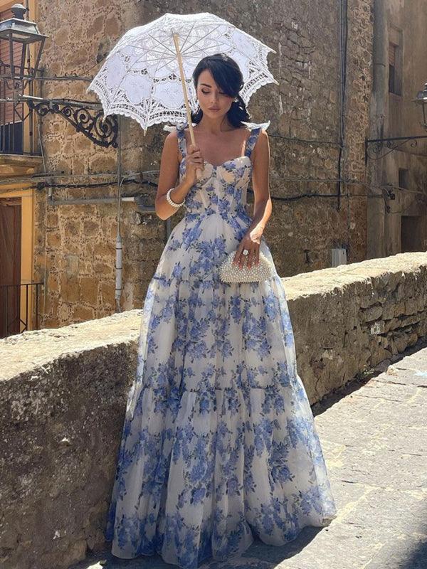 Abito Maxi con Spalline a Fiocco in Organza con Stampa Floreale