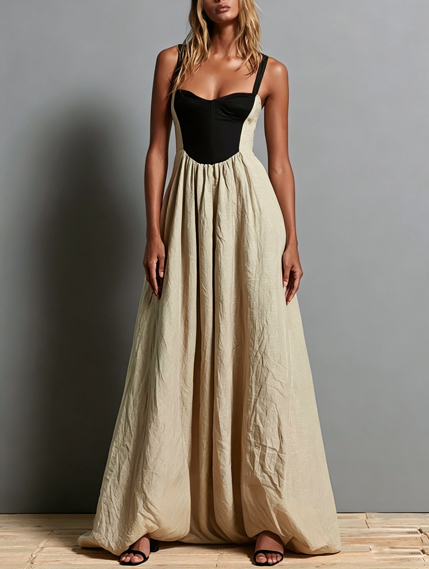 Abito Maxi Senza Maniche Khaki con Scollo Quadrato e Pannelli Colorati