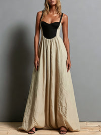 Abito Maxi Senza Maniche Khaki con Scollo Quadrato e Pannelli Colorati