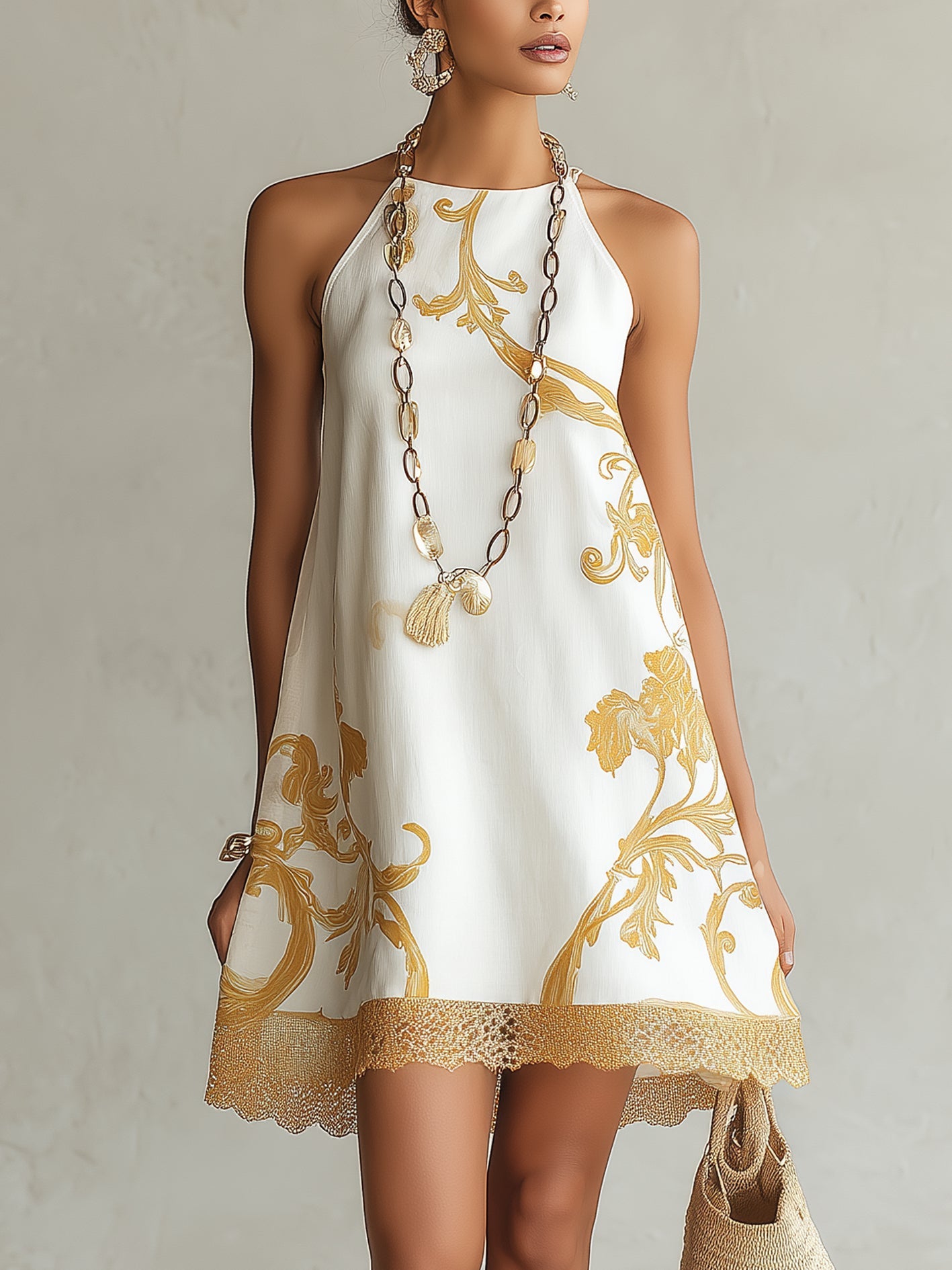 Abito Mini in Pizzo Stampato Oro Bianco