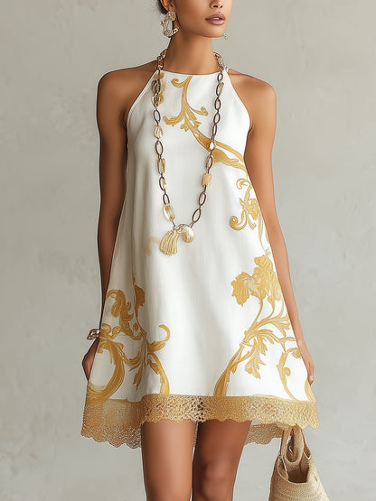Abito Mini in Pizzo Stampato Oro Bianco