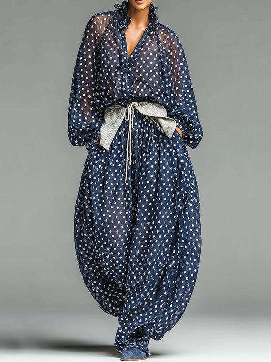 Set di Top e Pantaloni in Chiffon a Pois Casual con Maniche Lunghe e Vestibilità Larga (Cintura inclusa)