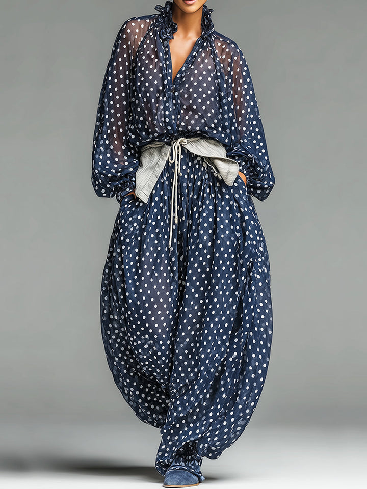 Set di Top e Pantaloni in Chiffon a Pois Casual con Maniche Lunghe e Vestibilità Larga (Cintura inclusa)