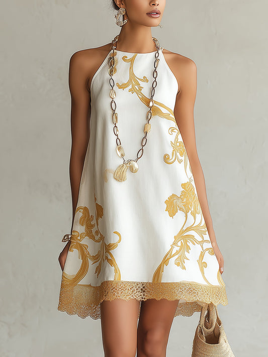 Abito Mini in Pizzo Stampato Oro Bianco