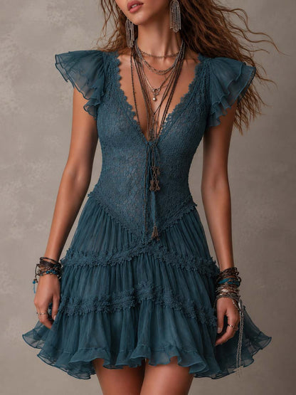 Mini Abito Ruffle in Pizzo e Chiffon Blu Retro