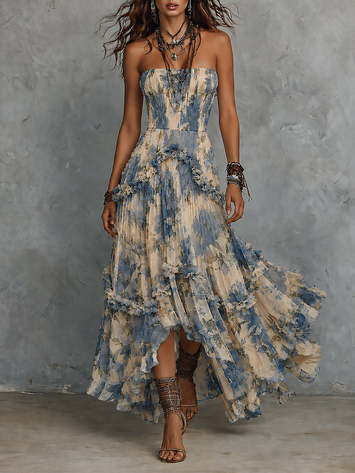 Elegante abito maxi in chiffon stampato senza spalline con volant