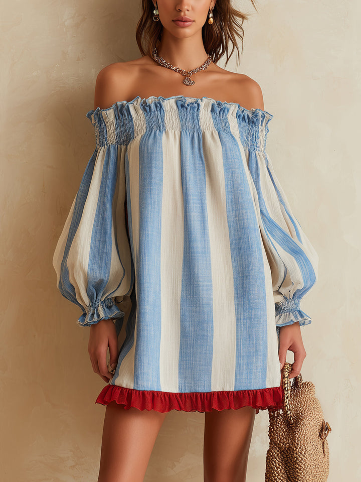 Ondine | Mini Abito a Righe Blu e Bianco con Spalle Scoperte e Orlo Contrasto