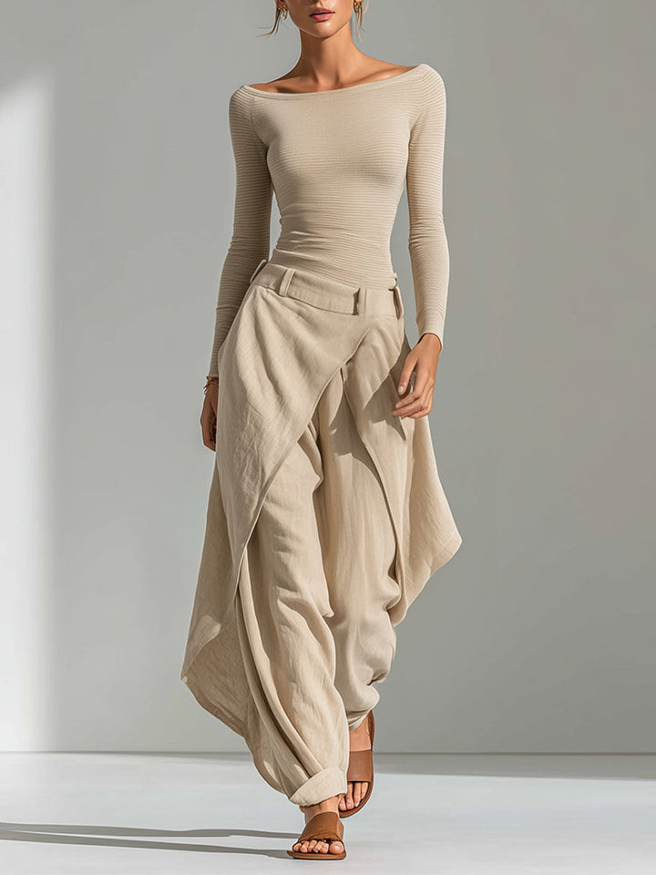 Top Beige con scollo a barca e set di pantaloni larghi stratificati
