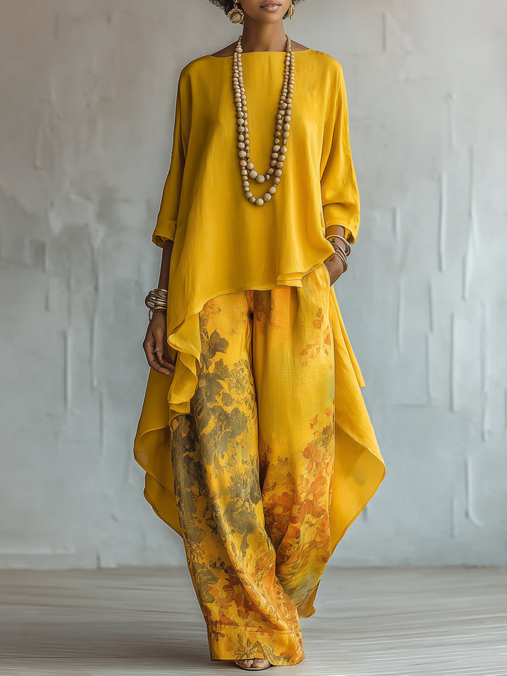 Top Asimmetrico Giallo e Set di Pantaloni a Gamba Larga con Fantasia Floreale