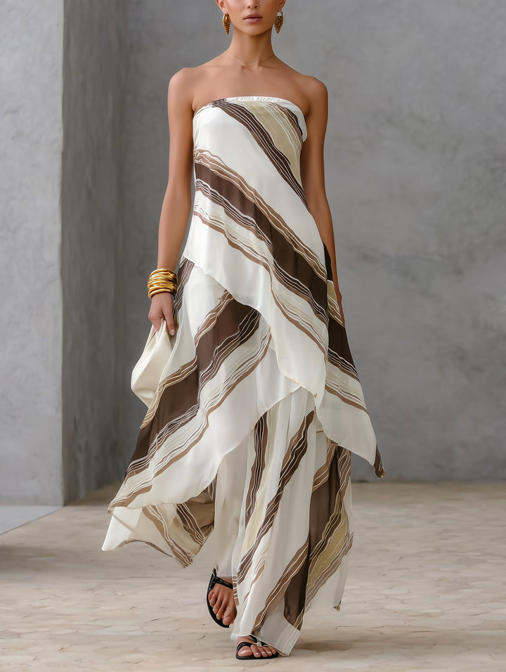 Abito Maxi Senza Spalline in Chiffon a Righe Casual