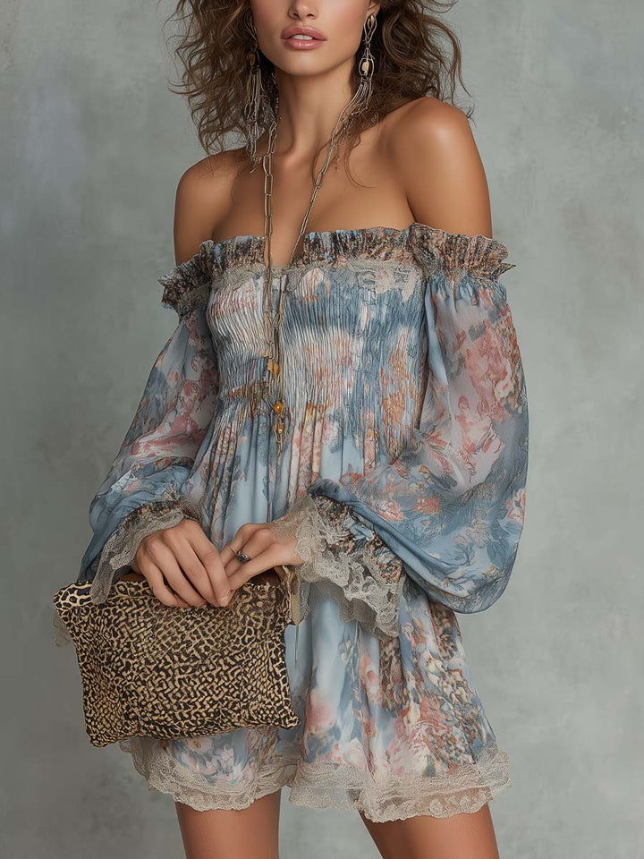 Romane | Abito Mini in Chiffon Arricciato con Spalle Scoperte e Fiori Romantici