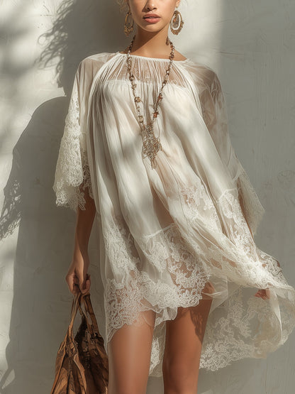 Abito Mini in Chiffon con Pannelli in Pizzo Bianco