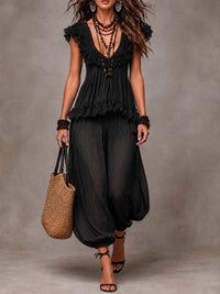 Set Top in Pizzo V-Neck Bohemien Nero e Pantaloni Harem