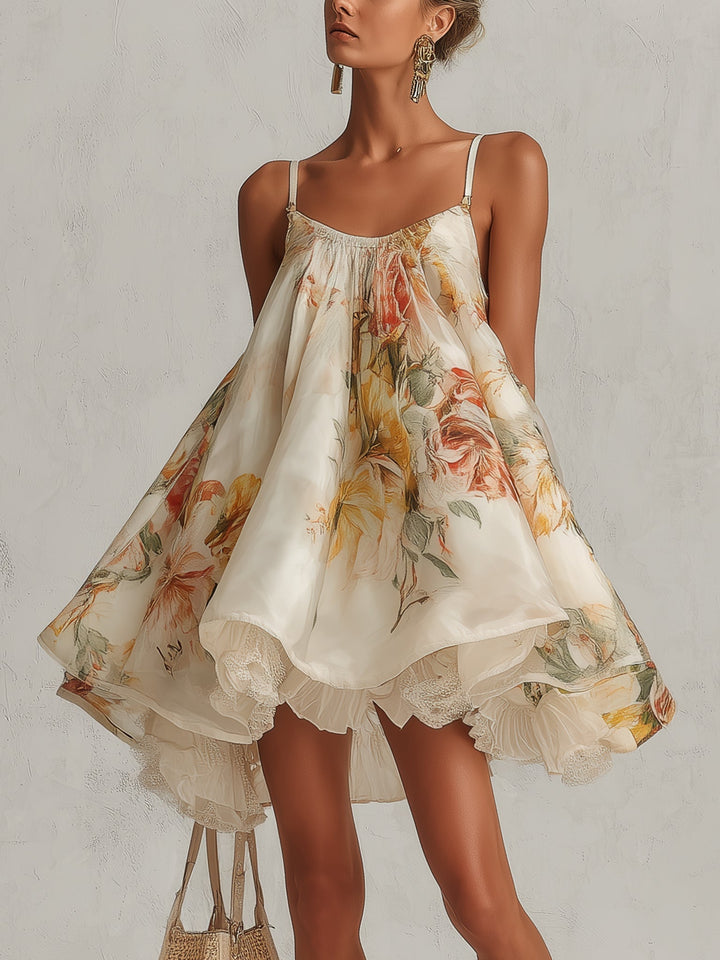 Blanche | Abito Mini A-Line in Organza Floreale Beige con Bordo in Pizzo