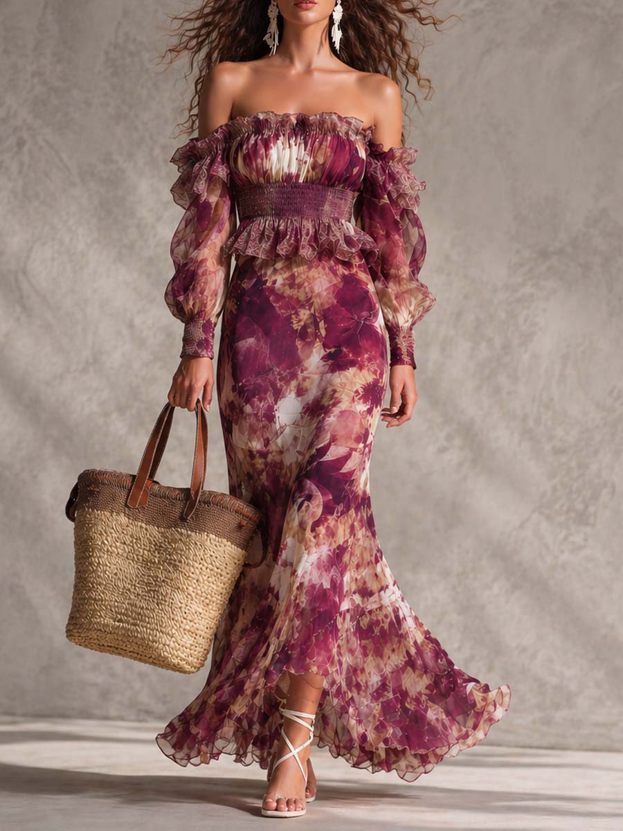Abito Maxi in Chiffon Rosa Fiore Off-Shoulder