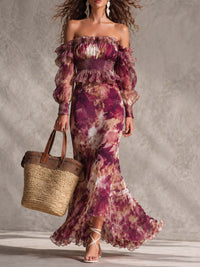 Abito Maxi in Chiffon Rosa Floreale Off-Shoulder