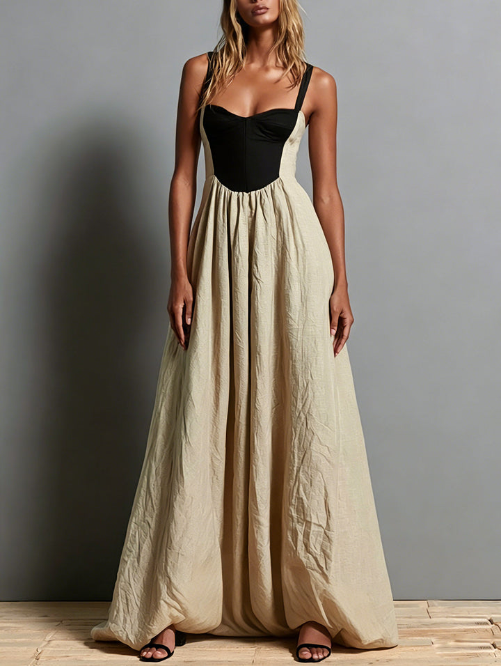 Abito Maxi Senza Maniche Khaki con Collo Quadrato e Pannelli Colorati
