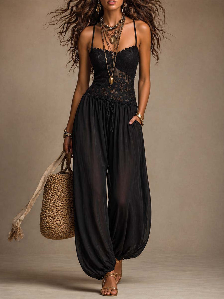 Tutina Harem con Spalline in Chiffon e Pizzo Nero