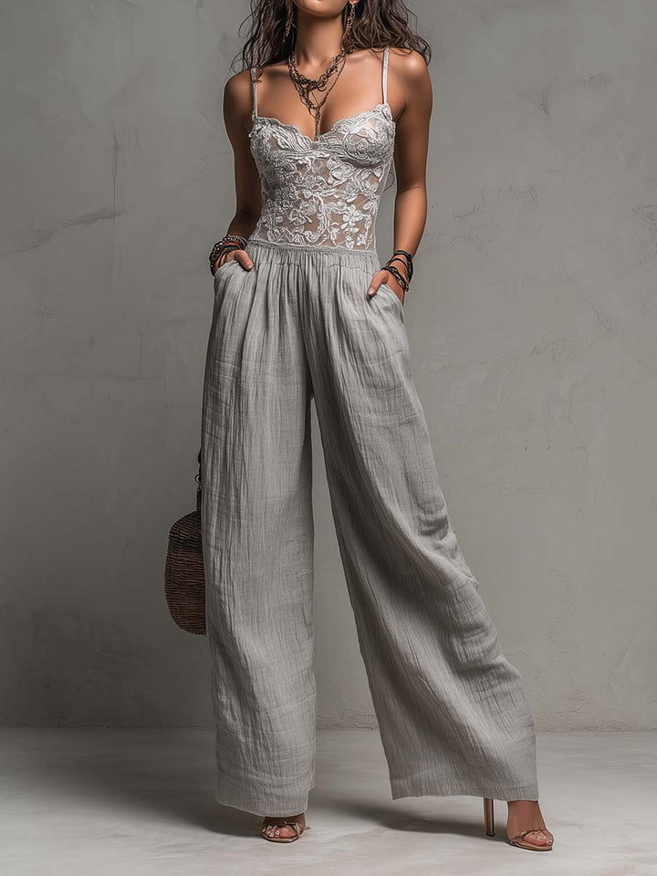 Jumpsuit Bohemien Grigio con Pizzo e Pieghe a Gamba Larga