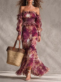 Aurora Vestito Maxi in Chiffon Rosa con Spalle Scoperte Prezzo Scontato