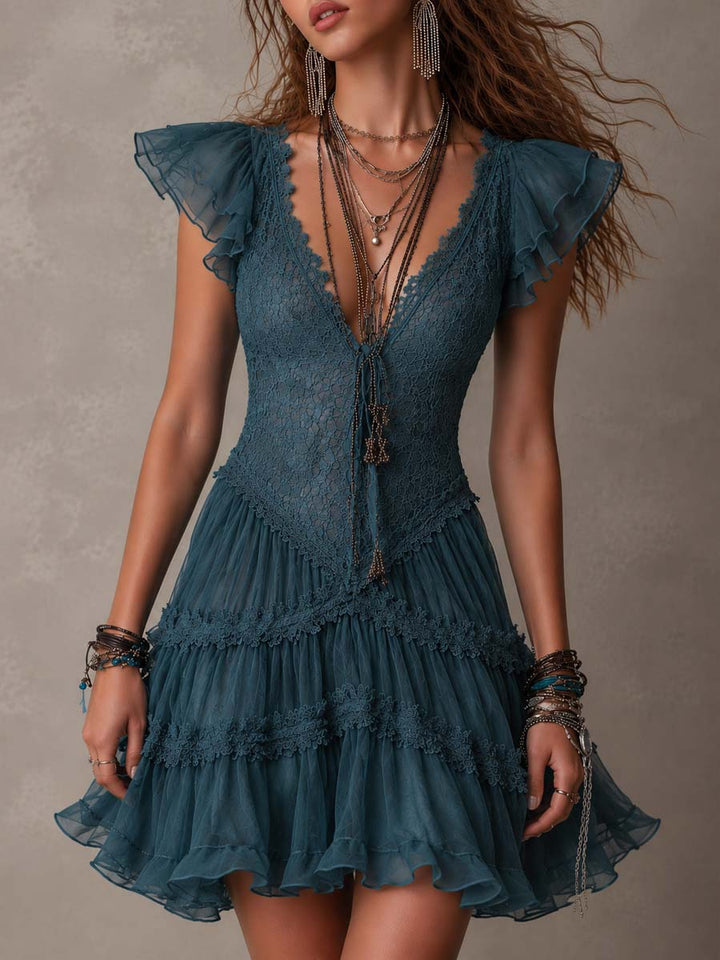 Mini Abito Ruffle in Pizzo Blu Retro e Chiffon