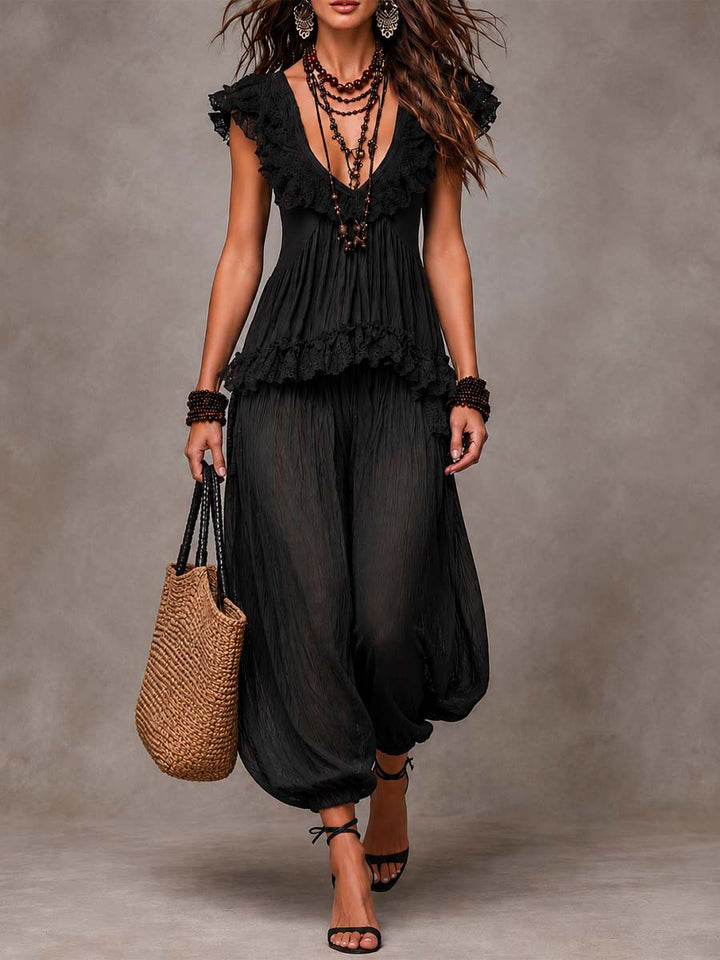 Set Top in Pizzo V-Neck Bohemien Nero e Pantaloni Harem