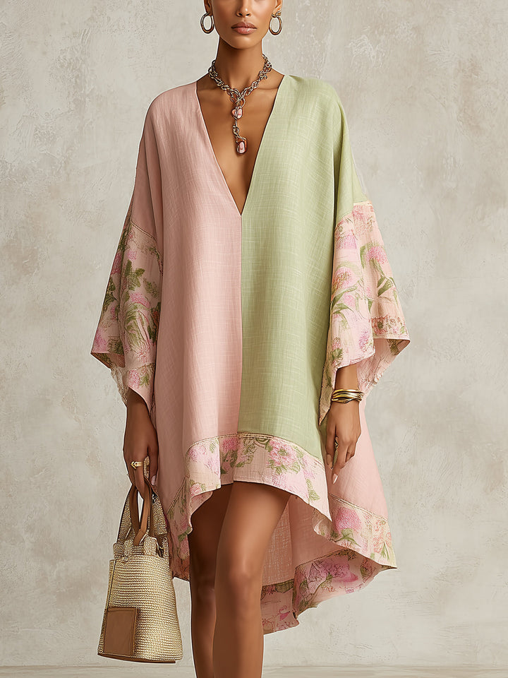 Abito Midi Color-Block Verde e Rosa con Fiori