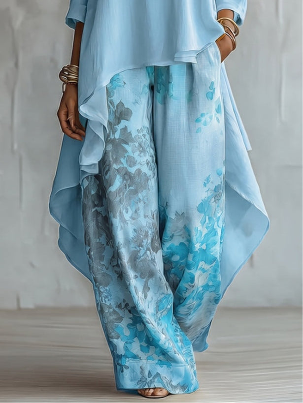 Top Asimmetrico Blu e Set di Pantaloni a Gamba Larga con Fantasia