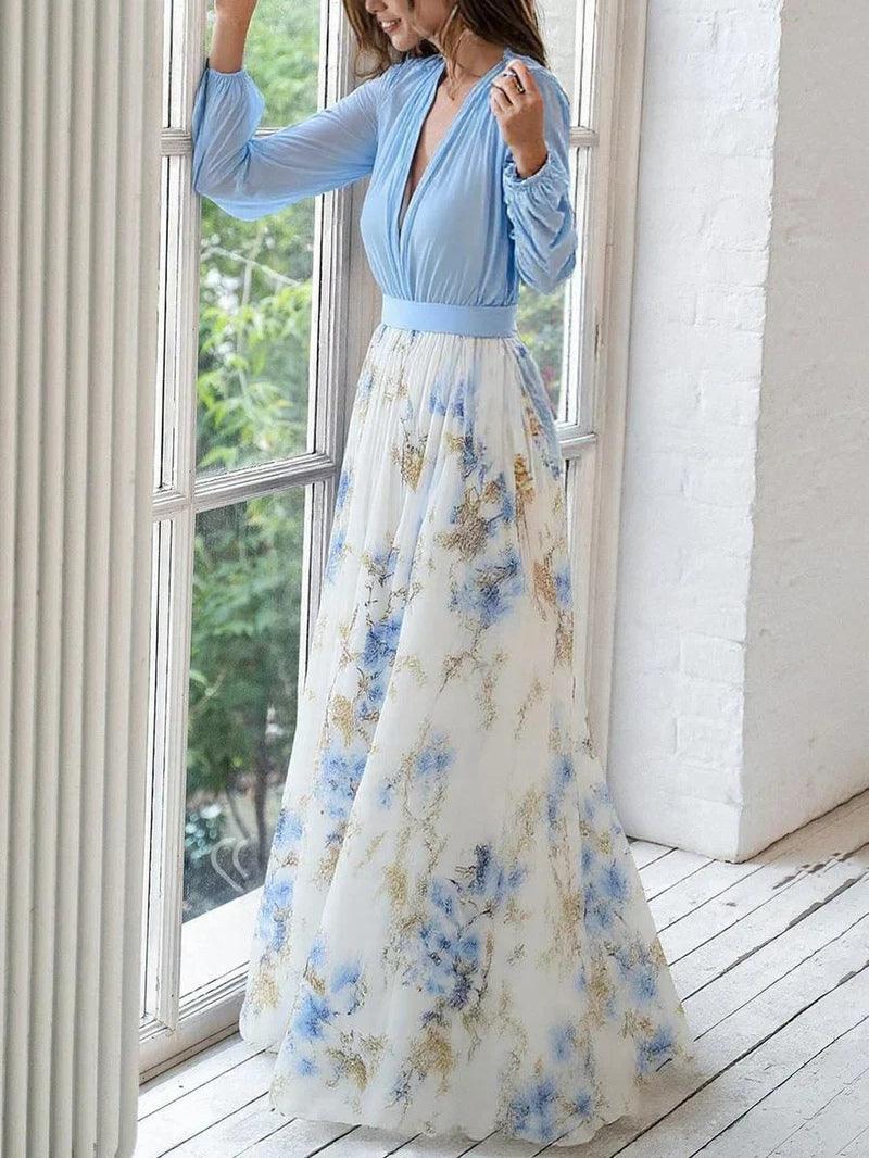 Stupenda Maxi Dress V-Neck con Stampa Floreale