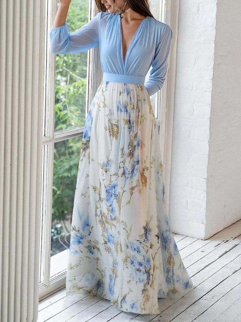 Stupenda Maxi Dress a V con Stampa Floreale
