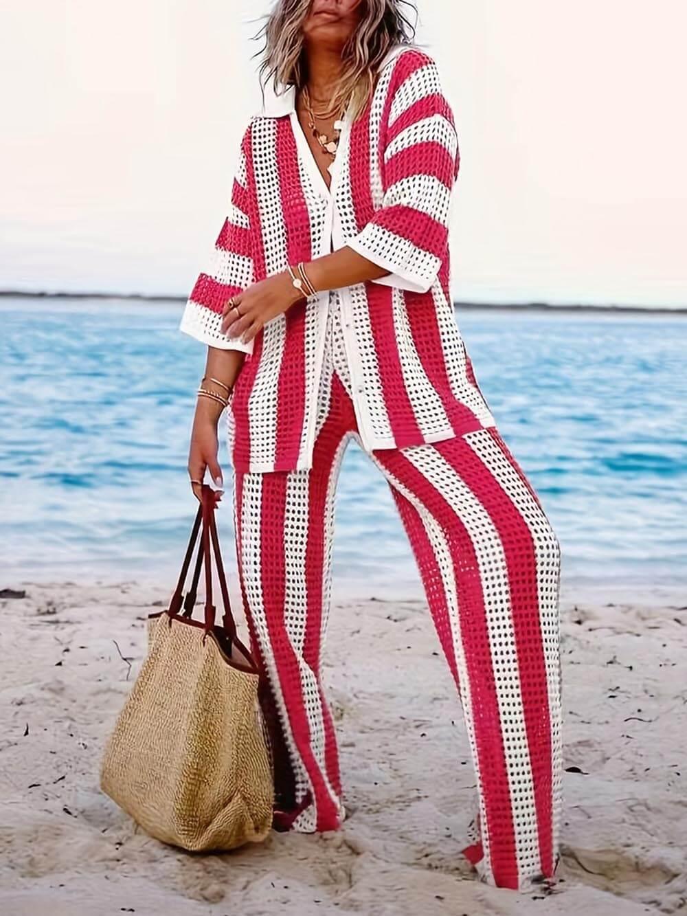 Set di Camicia a Strisce con Scollatura a V e Pantaloni a Gamba Larga