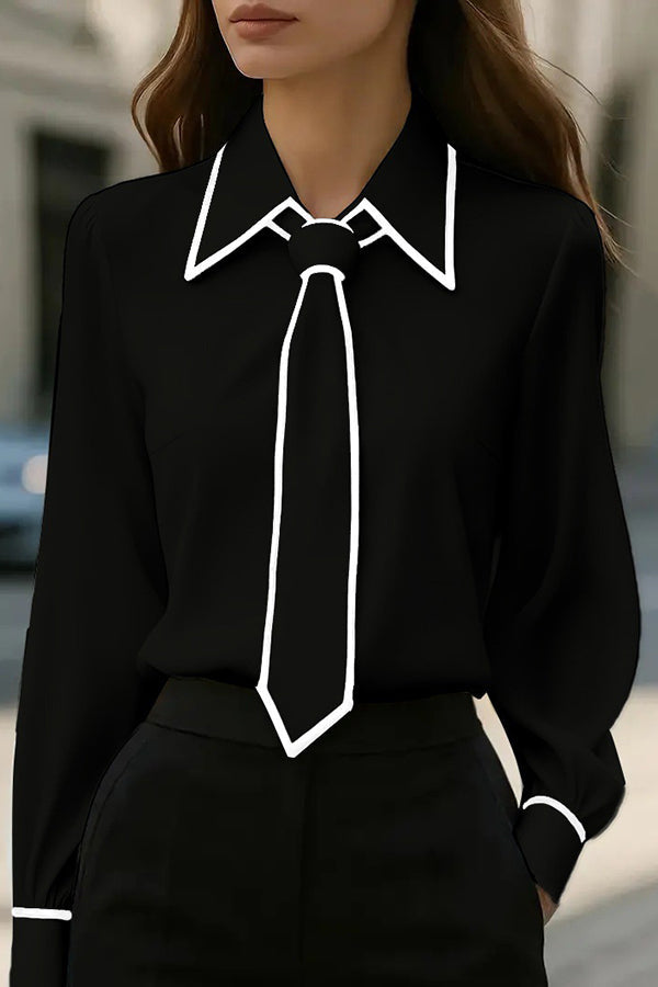 Camicia Casual a Maniche Lunghe con Cravatta a Contrasto