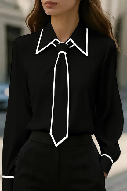 Camicia Casual a Maniche Lunghe con Cravatta a Contrasto