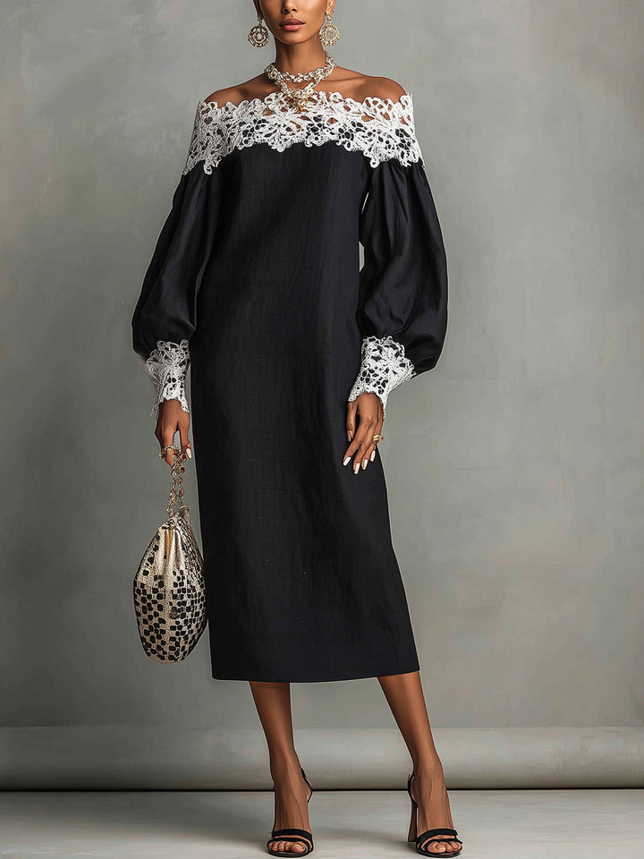 Abito midi nero off-the-shoulder con rifiniture in pizzo a contrasto