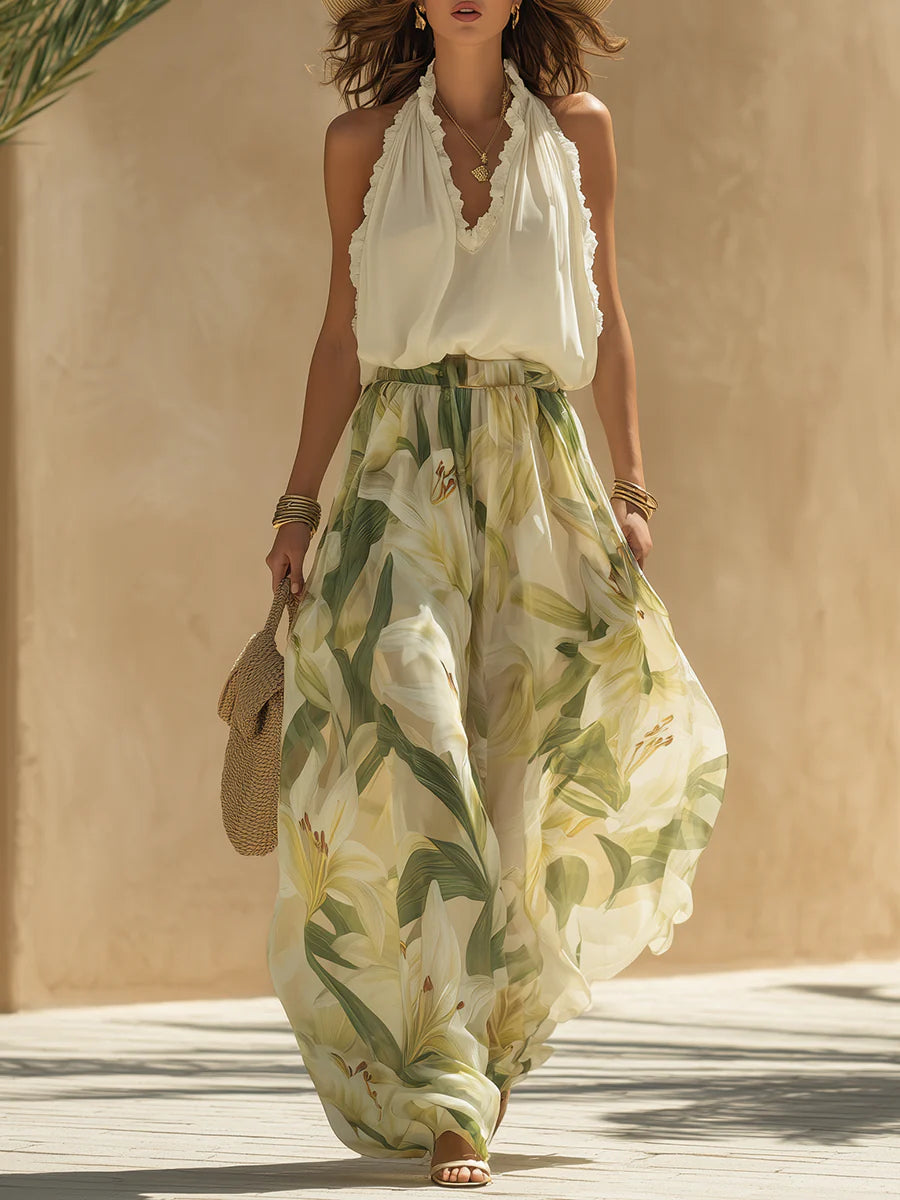 Set di Top Senza Maniche in Chiffon con Volant e Pantaloni con Stampa di Gigli