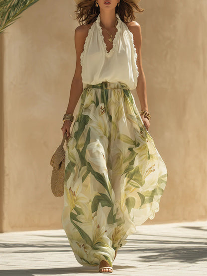 Set di Top Senza Maniche in Chiffon con Volant e Pantaloni con Stampa di Gigli