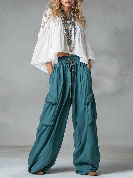 Set di camicia in pizzo vintage bohemien con ritagli e pantaloni cargo