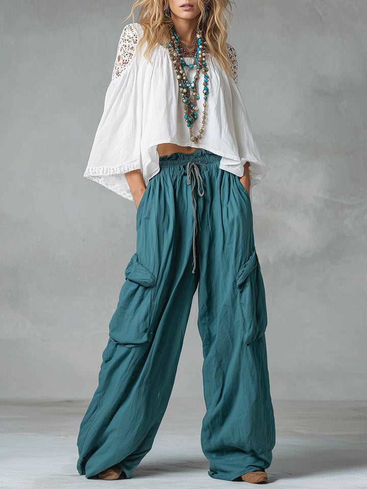 Set di camicia in pizzo vintage bohemien con ritagli e pantaloni cargo