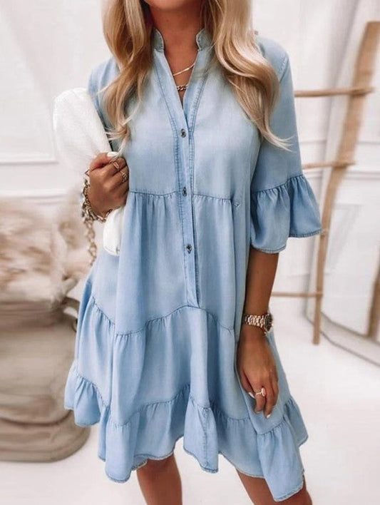 Abito Midi in Denim di Cotone Lavato a Colore Unito con Maniche Corte