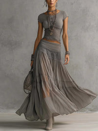 Adriana Completo Top Grigio in Pizzo Trasparente e Gonna Maxi Plissettata