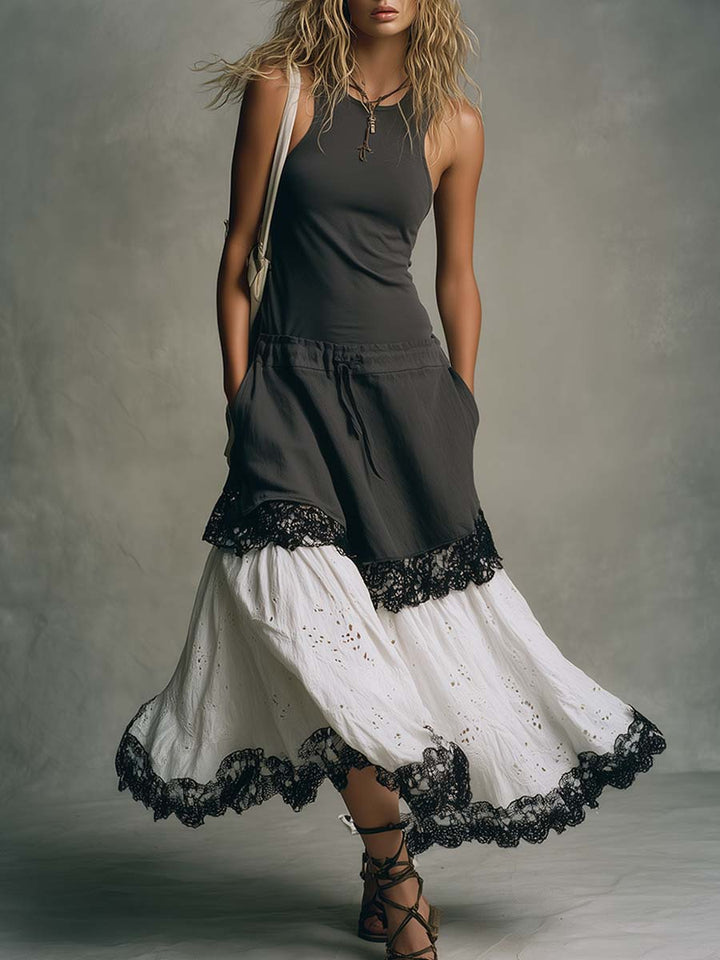 Abito maxi senza maniche bohemien con inserti in pizzo
