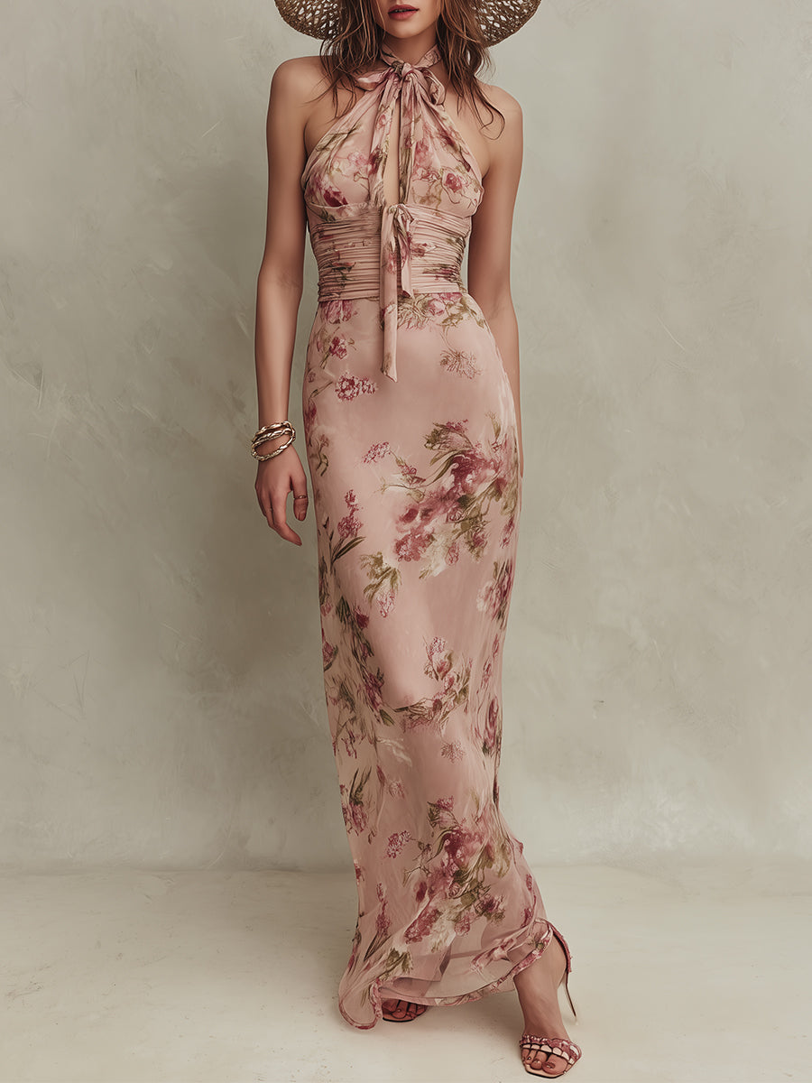 Lia | Abito maxi in chiffon con stampa floreale elegante e scollatura a goccia