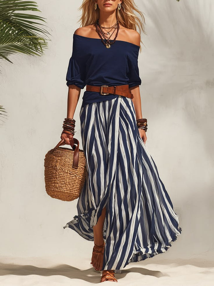 Top donna con spalle scoperte e maniche a palloncino e set gonna a righe (Include cintura)