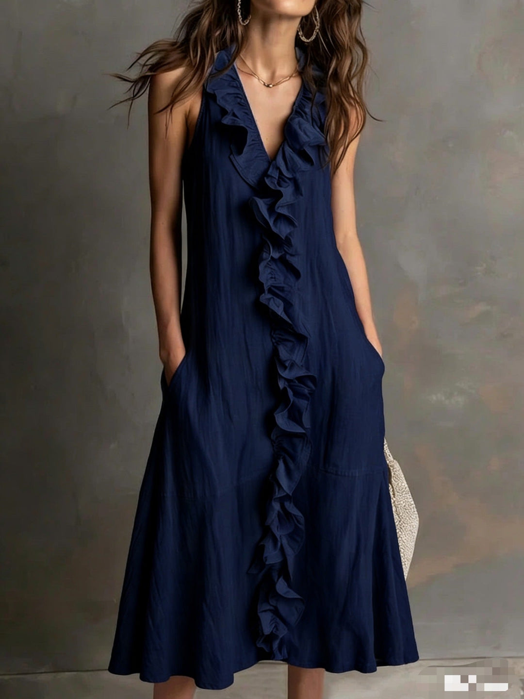 Abito Flare con Rouches Senza Maniche in Colore Unito per Donna